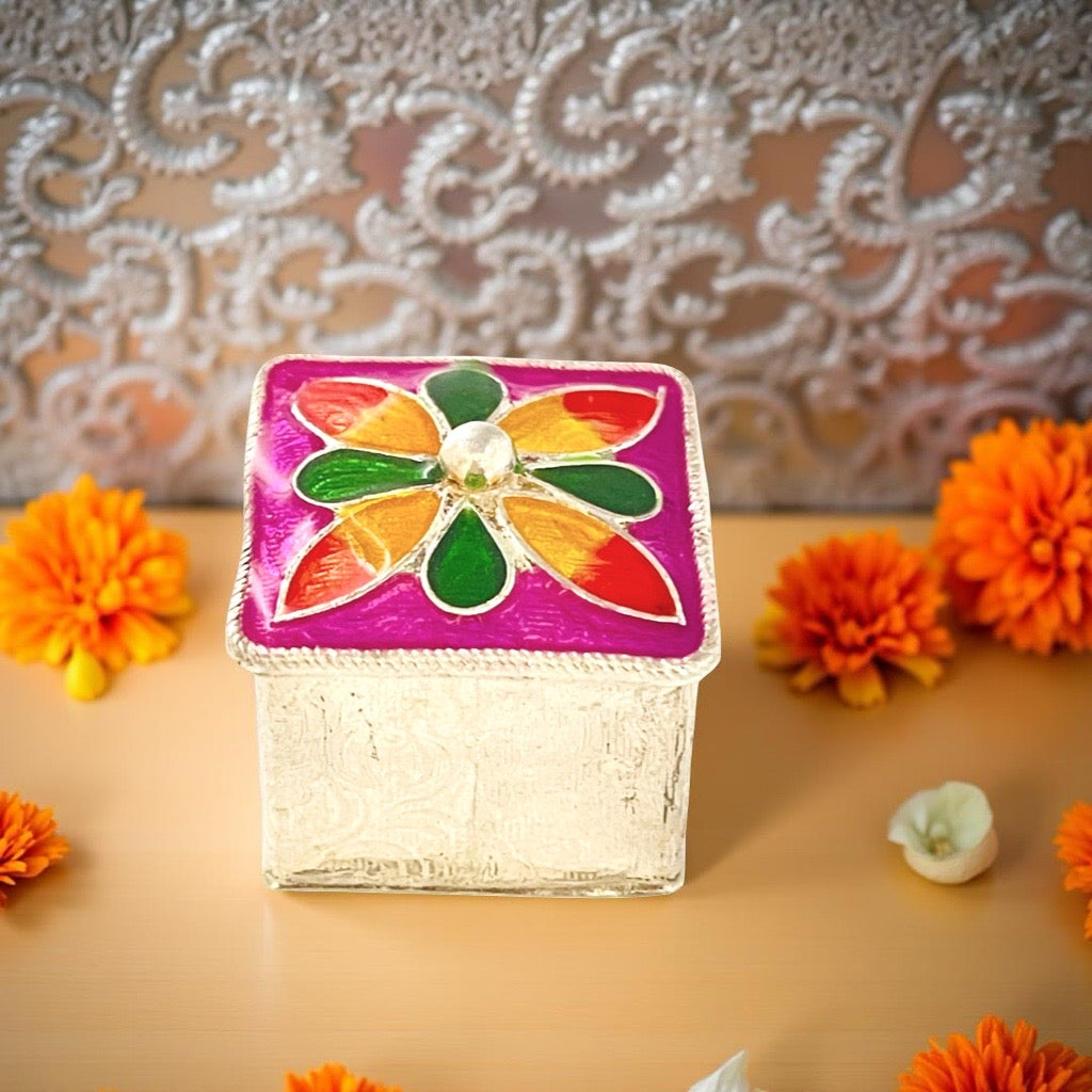 Silver Enamel Square KumKum Box