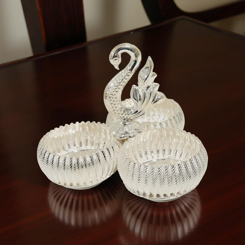 Silver Three Cup Peacock KumKum Box