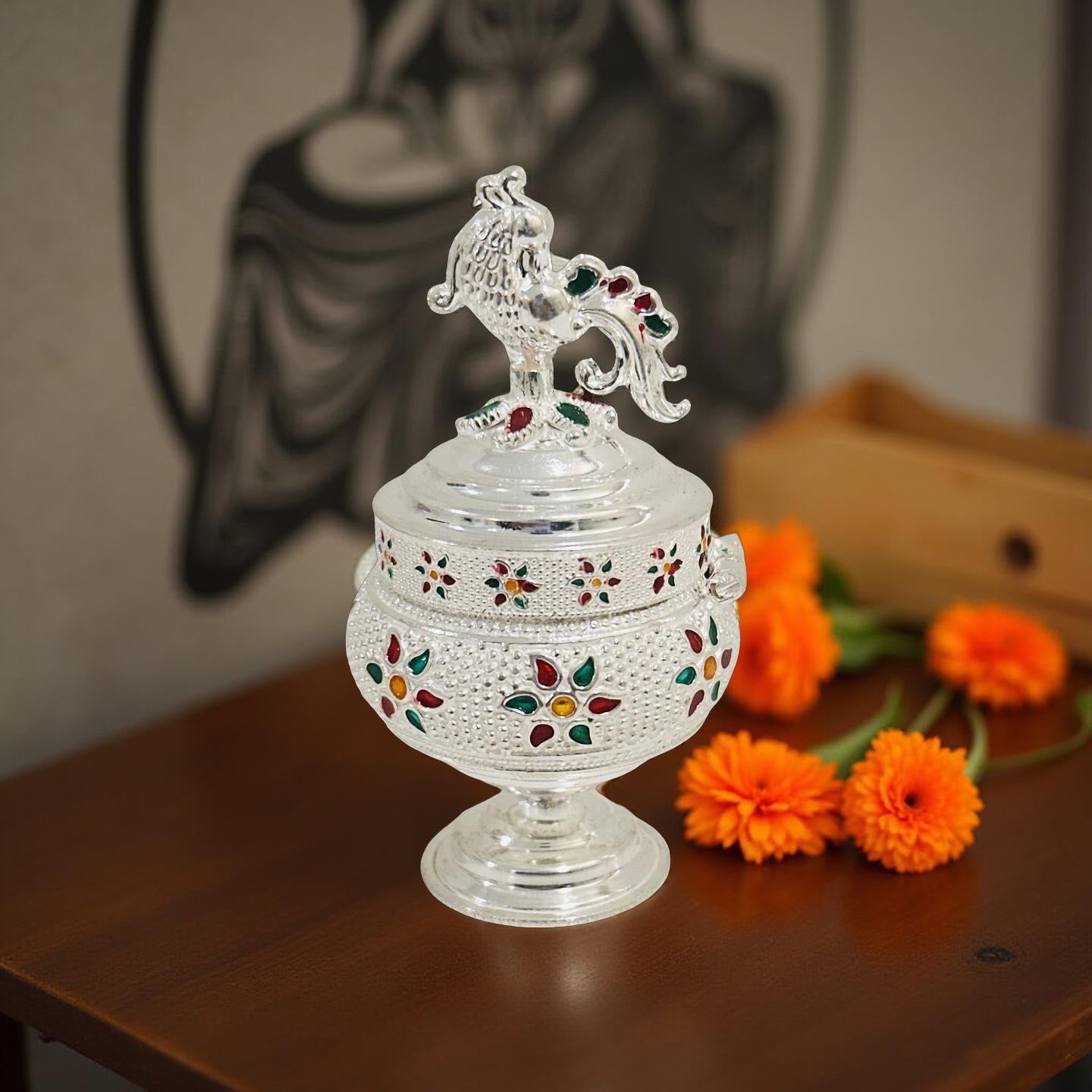 Silver Peacock Floral Enamel Haldi KumKum Box