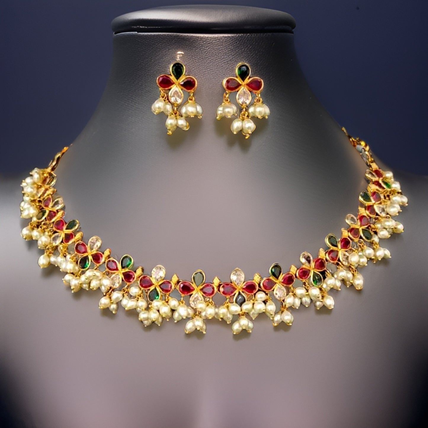 22KT Gold stone-Pearl Necklace and Earrings Set