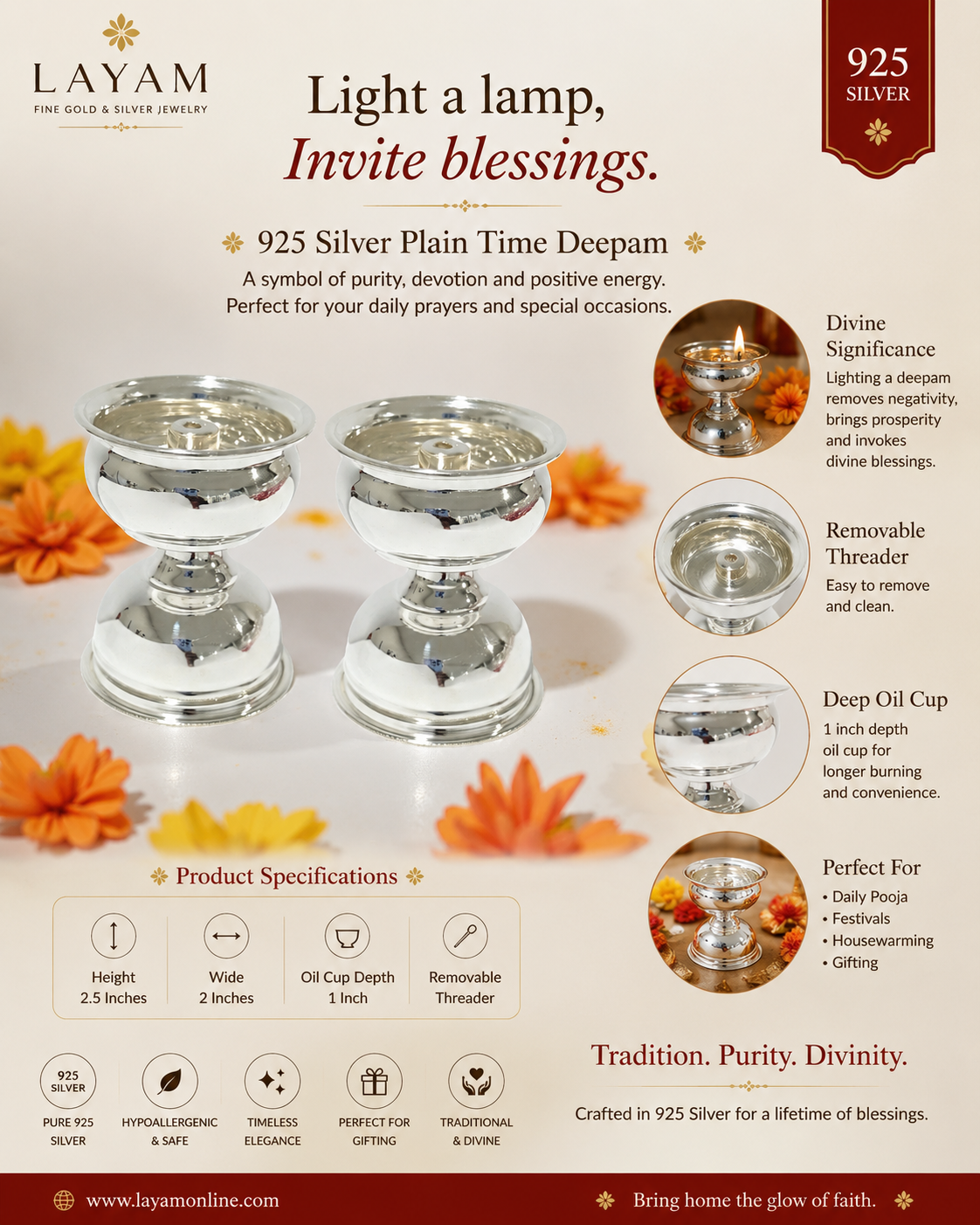 925 Silver Plain Time Deepam 2.5 Inches