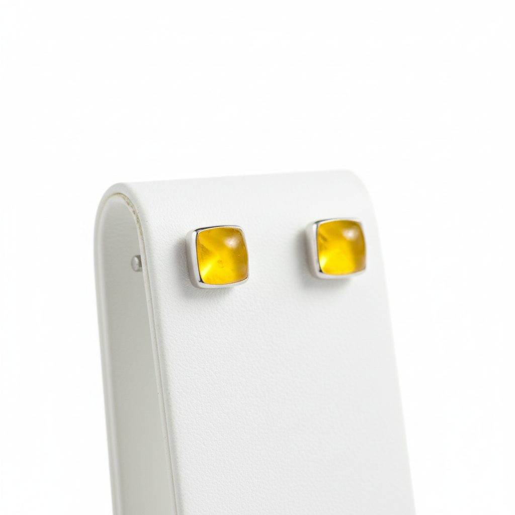 Silver Yellow Square Screw Back Earrings