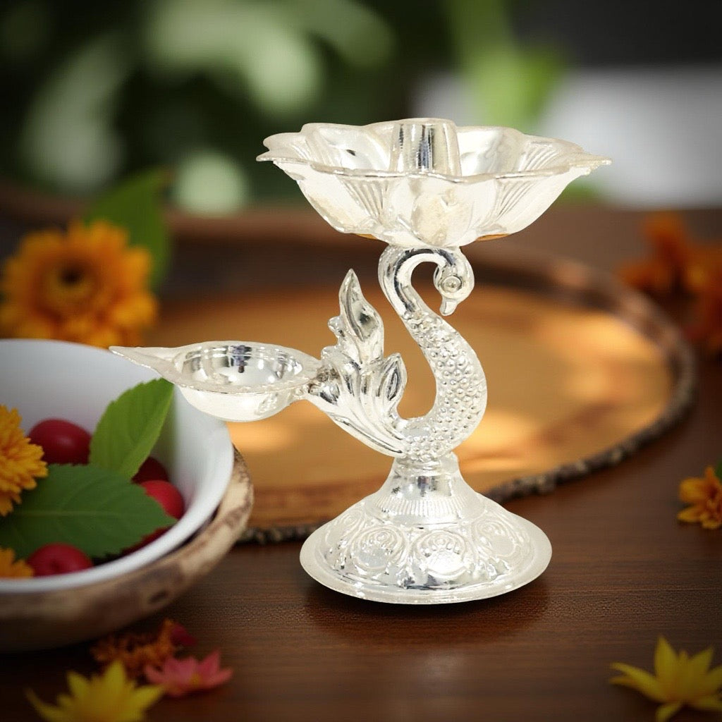Deetya Fancy Peacock Silver Diya