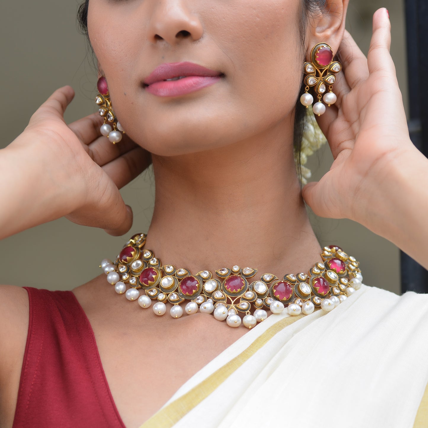 Alpa 925 Silver Polki Necklace and Earrings Set