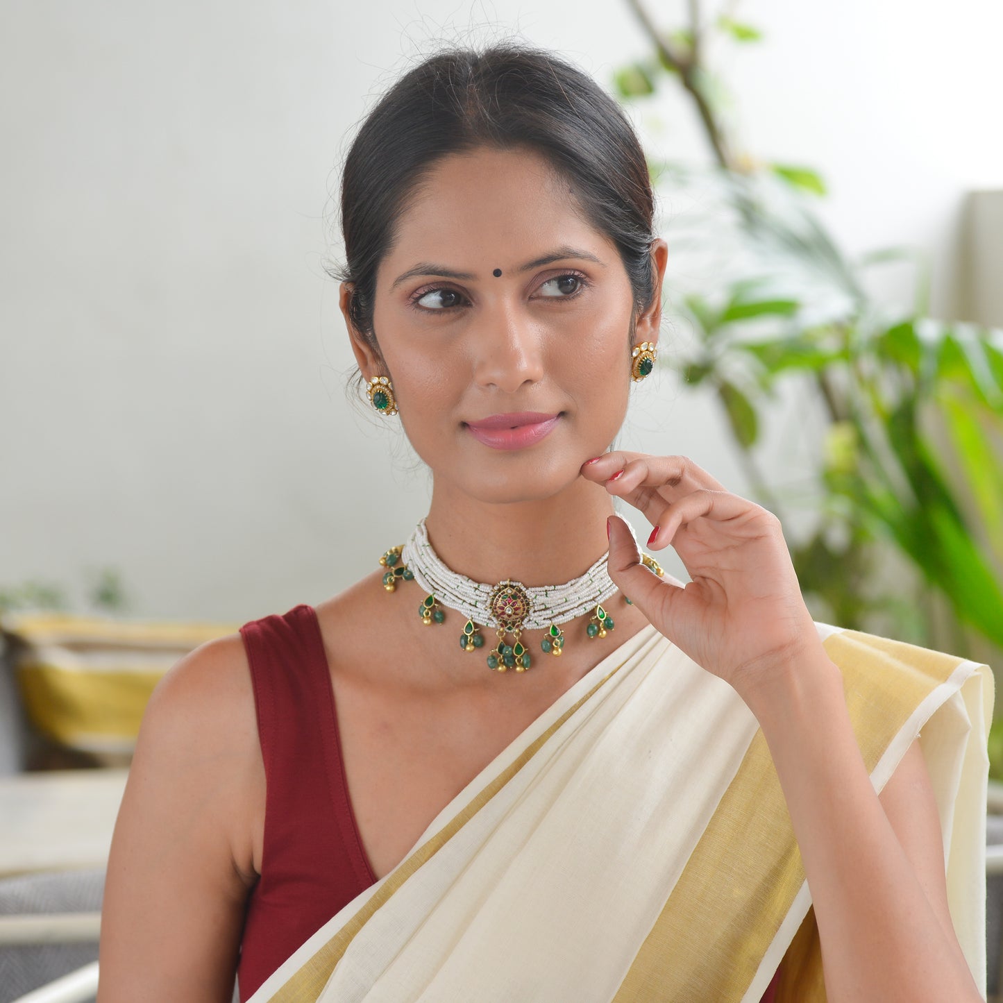 Aral 925 Silver Kundan Chocker Necklace and Earrings Set