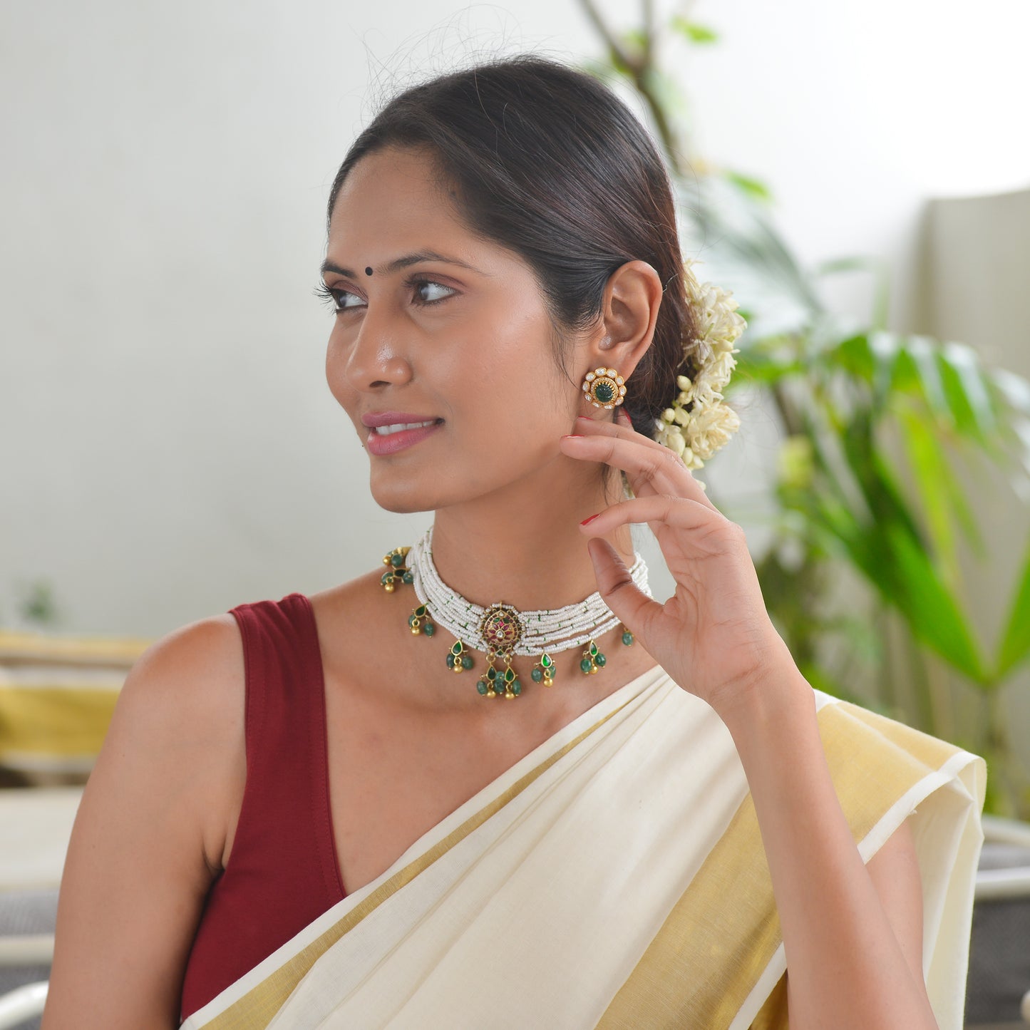 Aral 925 Silver Kundan Chocker Necklace and Earrings Set
