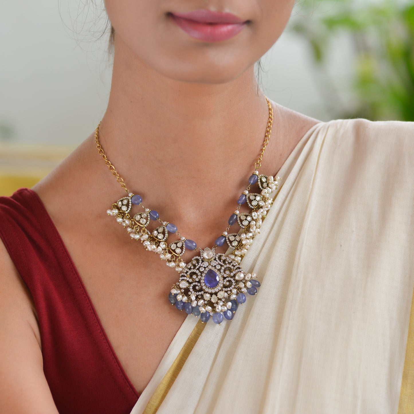 Ashuma 925 Silver Victorian Mossonite Necklace and Earrings Set