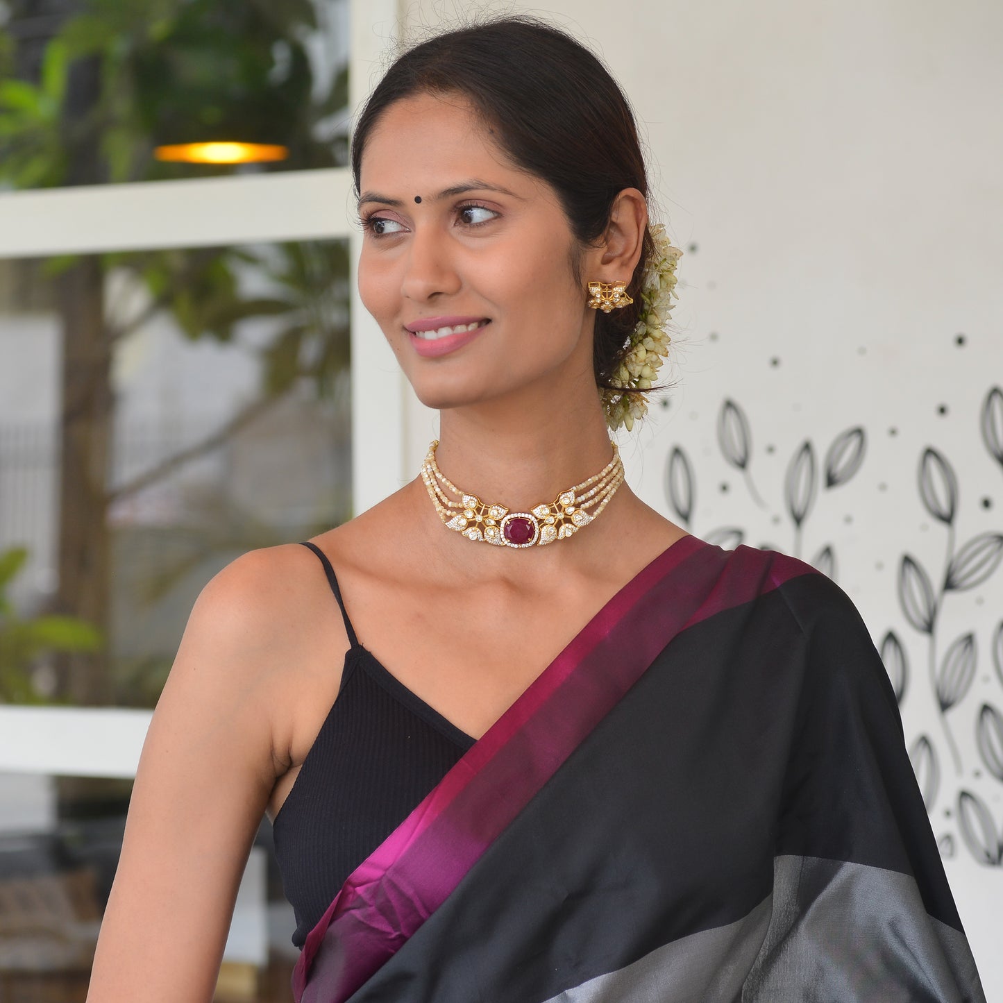 Meghna 925 Silver Mother Of Pearl Mossonite necklace and Earrings Set