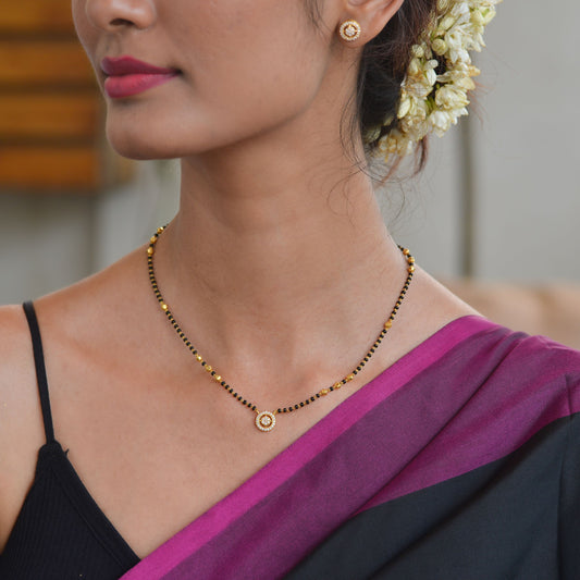 22KT Gold Black Bead Mangalsutra And Earrings Set