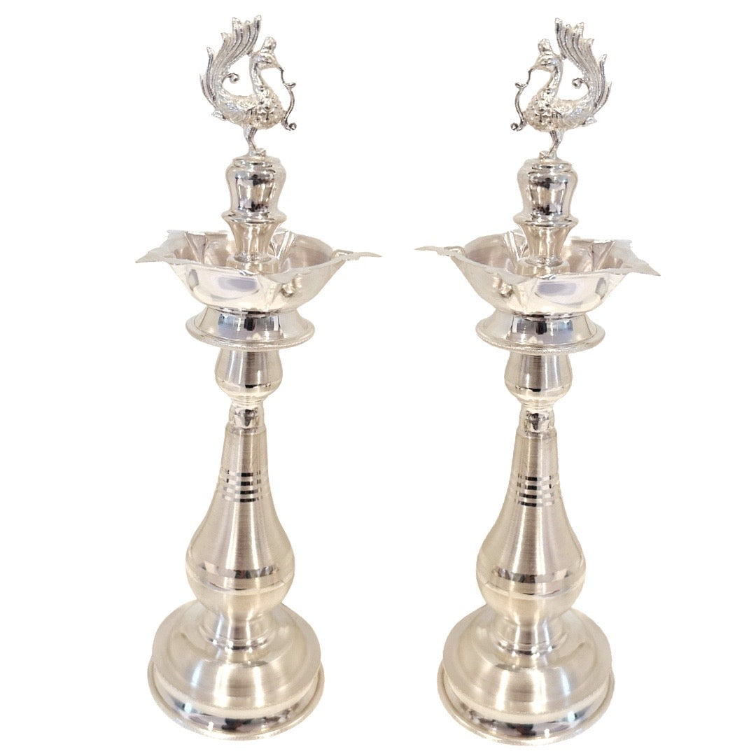 Silver Plain Peacock kuthuvilakku-Kundhulu Deepam 9.3 Inches