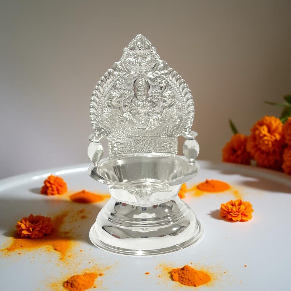 925 Silver Gajalakshmi-Kamakshi Deepam 4 Inches