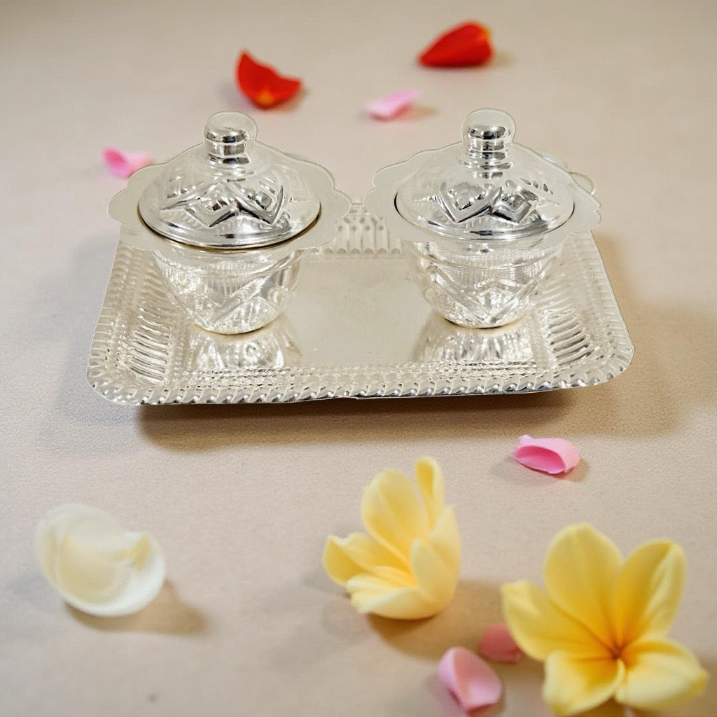 Silver Haldi Kumkum Plate Set with Lid
