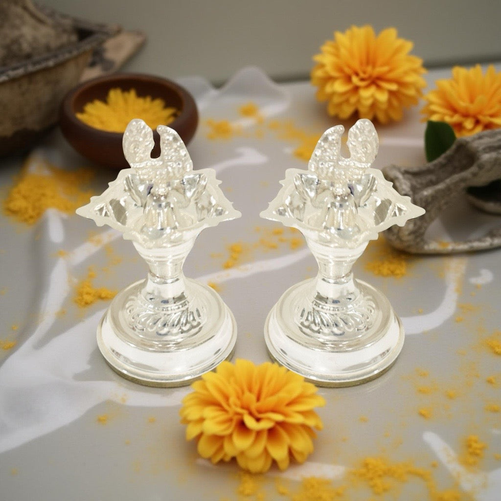 Silver Peacock Nakash Deepam 3.6 Inches