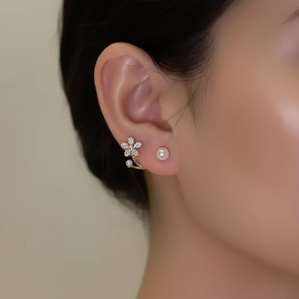 925 Sterling Silver CZ Flower Cuff Stud Earrings