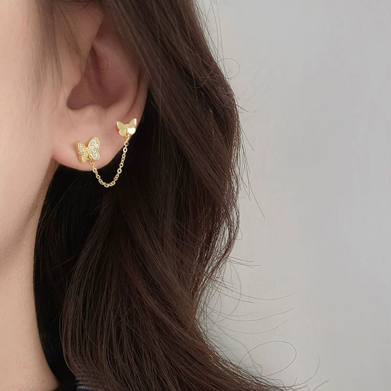 Gold Plated 925 Sterling Silver Butterfly Double Ear Hole Earrings