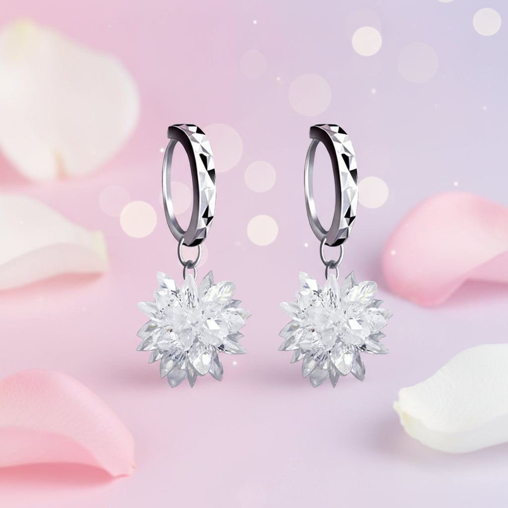 925 Sterling Silver Snow Ball Drop Hoop Earrings