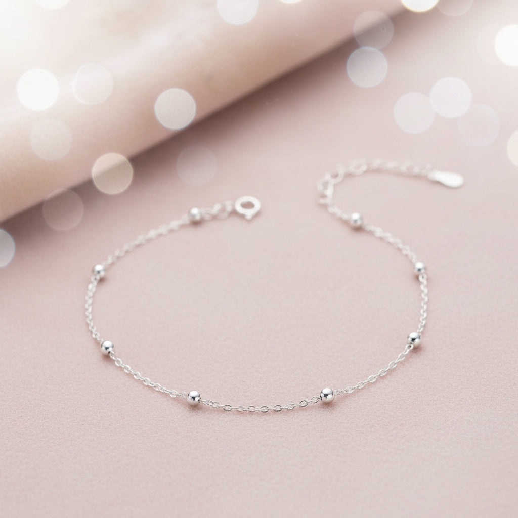 Rhodium Plated 925 Silver Beaded Chain Anklet