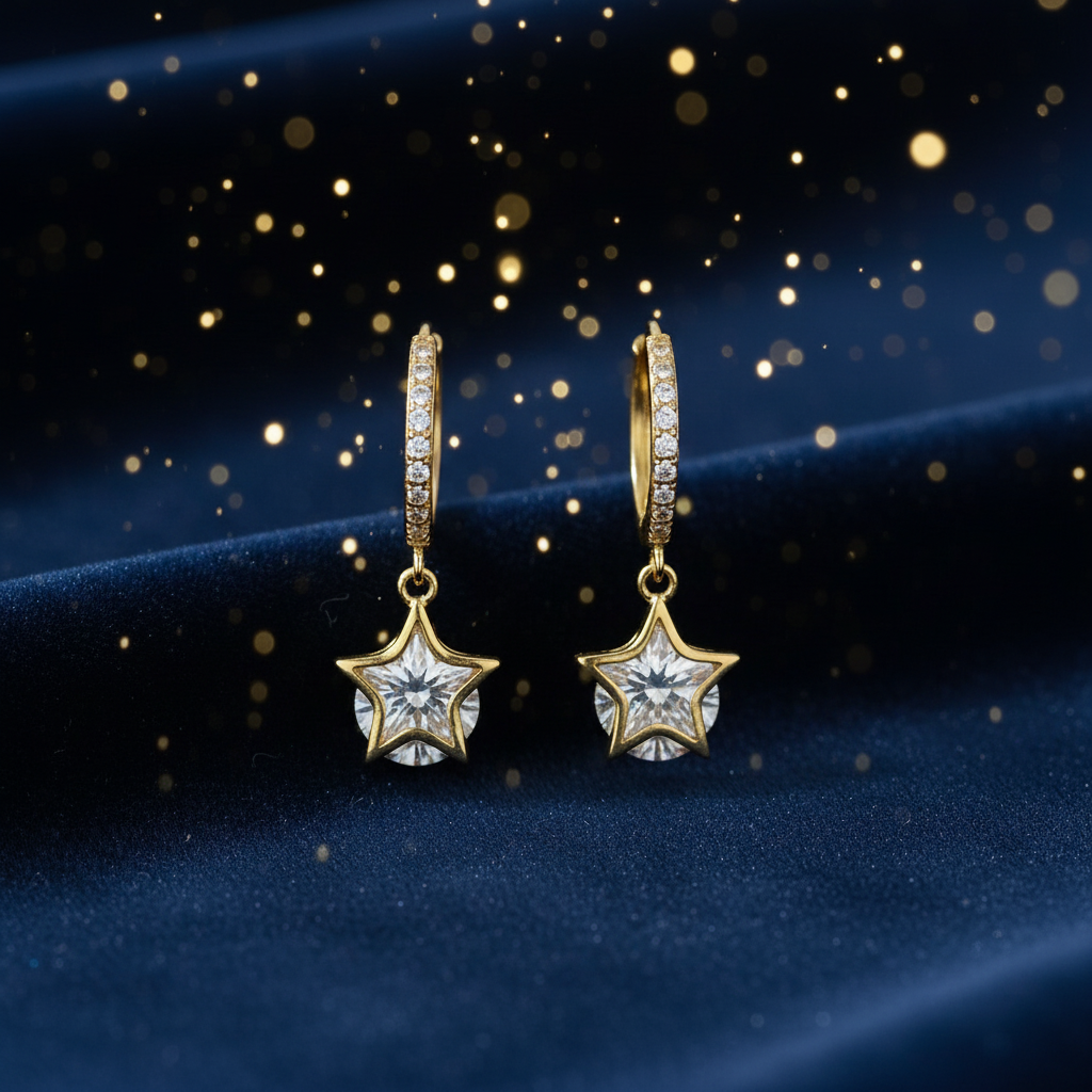 Gold Plated 925 Sterling Star Drop Hoop Earrings