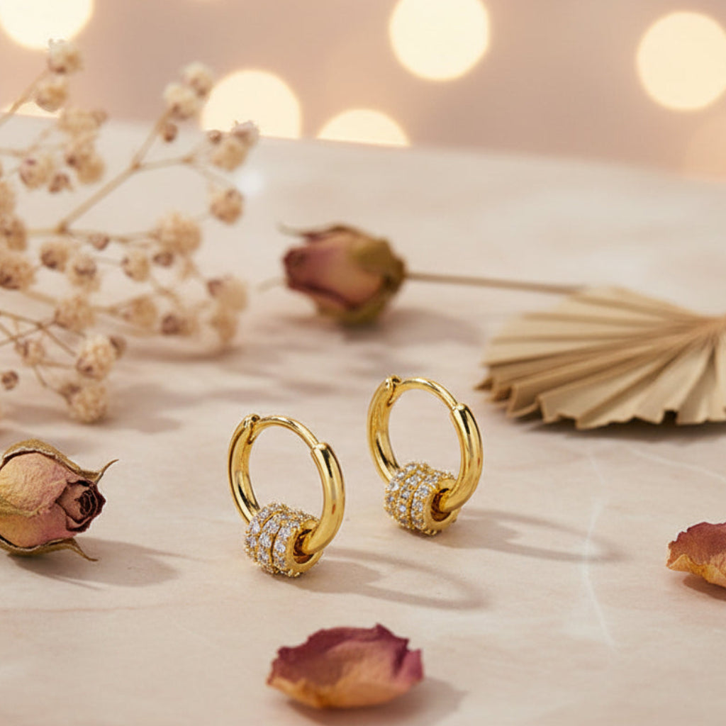 Gold Plated 925 Sterling Silver Tri CZ Hoop Earrings
