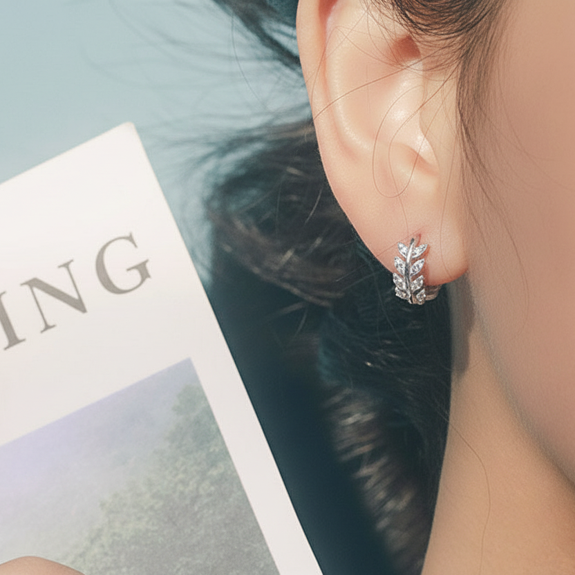 Rhodium Plated 925 Sterling Zircon Leaf Hoop Earrings