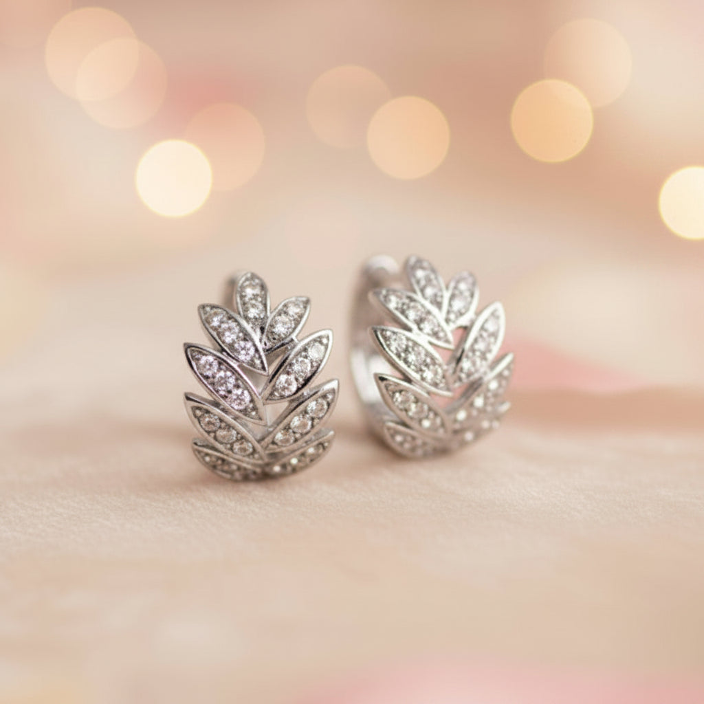Rhodium Plated 925 Sterling Floral CZ Huggie Hoop Earrings