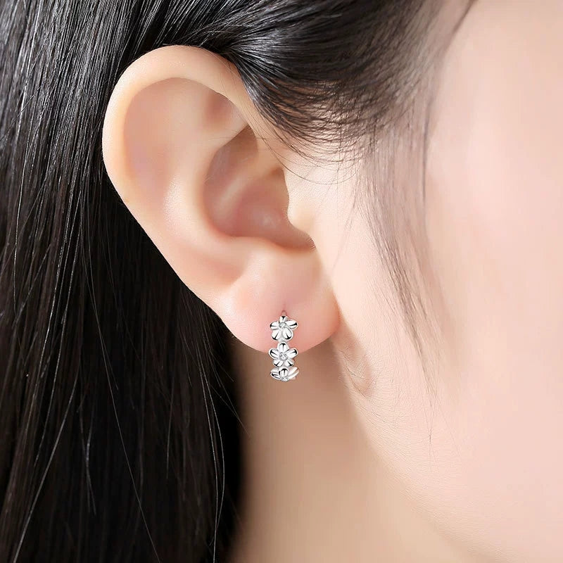 925 Sterling Three Flower Hoop Earrings