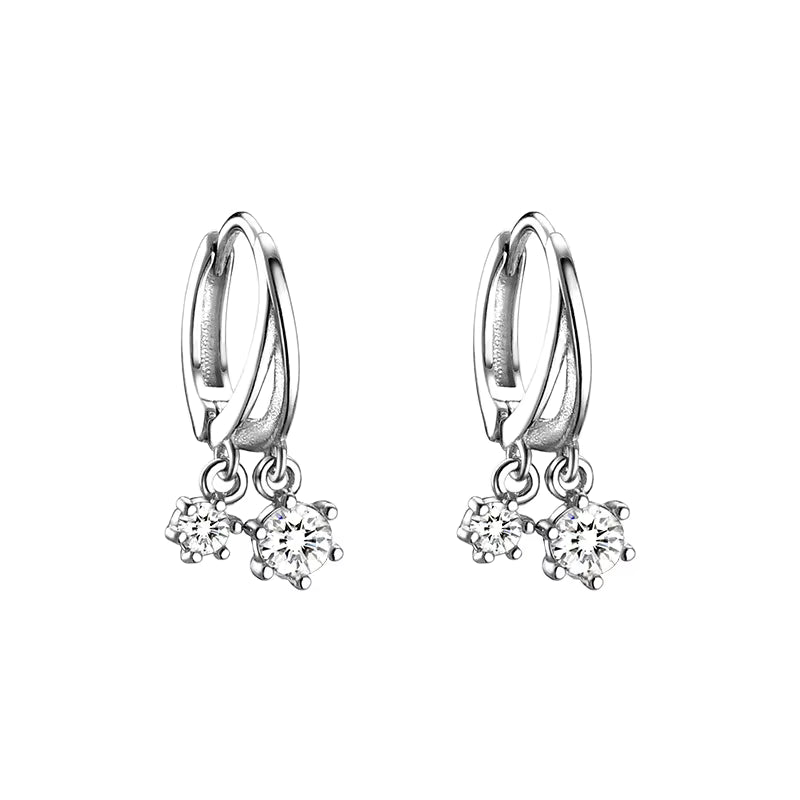 Rhodium Plated 925 Sterling Silver CZ Stone Drop Hoop Earrings