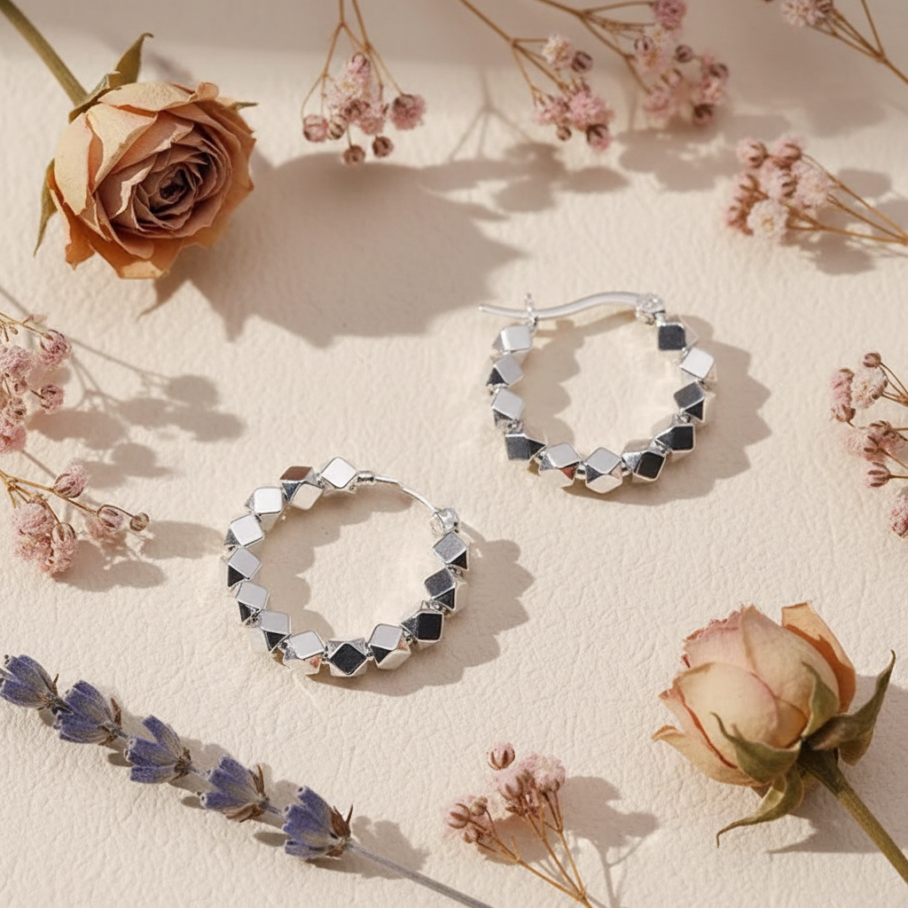 925 Sterling Geometric Beaded Hoop Earrings