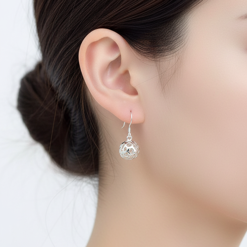 925 Sterling Silver Hollow Ball Drop Earrings