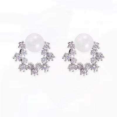 925 Sterling Silver Pearl CZ Hoop Stud Earrings