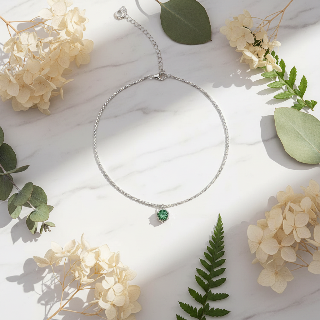 925 Silver Textured Green Stone Drop Anklet