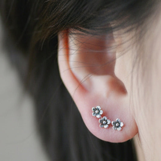 Antique 925 Sterling Silver Floral Stud Earrings