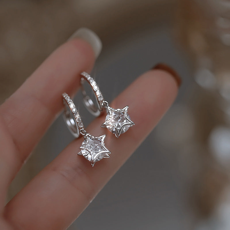 Rhodium Plated 925 Sterling Star Drop Hoop Earrings