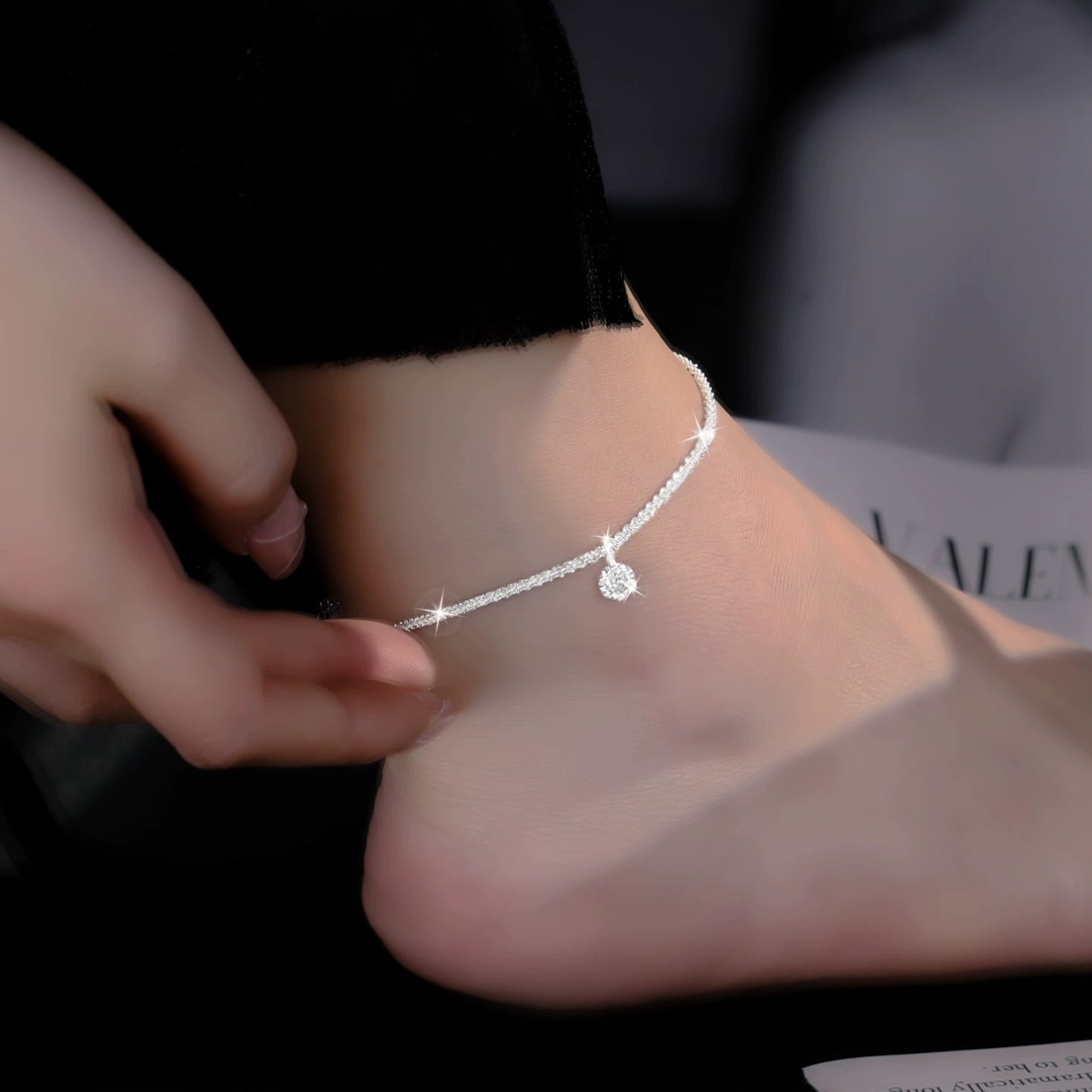 925 Silver Textured Stone Drop Anklet