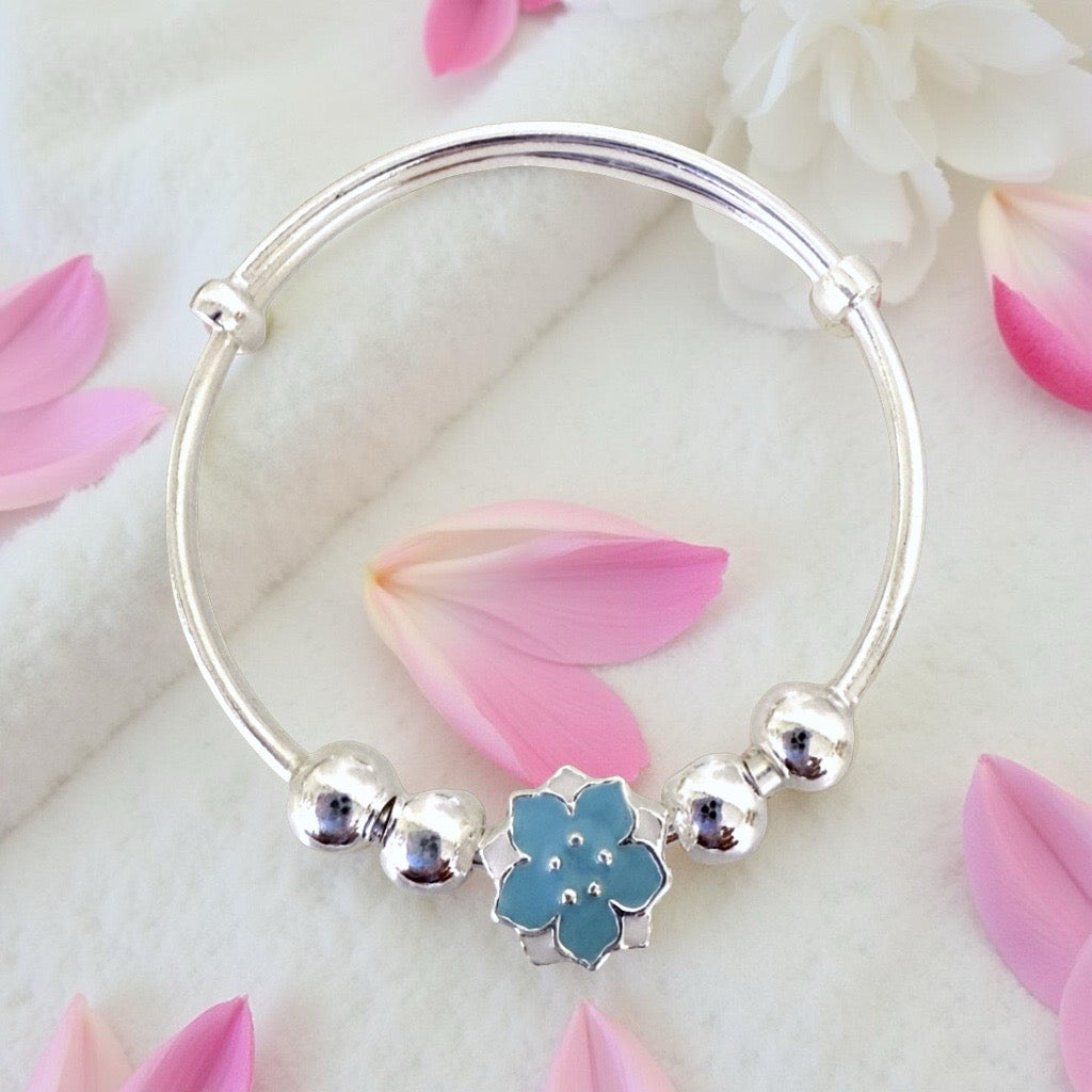 999 Pure Silver Blue Flower Charm Adjustable Baby Bracelet