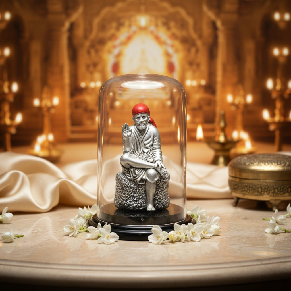 999 Silver Antique Sai Baba Acylic Case Idol