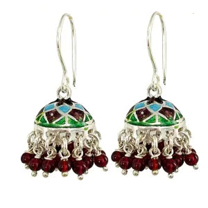 Silver Brown Bead Meenakari Round Jumkha