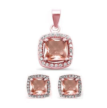 Princess Cut Morganite & CZ Sterling Silver Earrings & Pendant Set