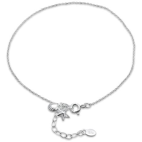 Plain Shell & star .925 Sterling Silver Anklet 9" Long