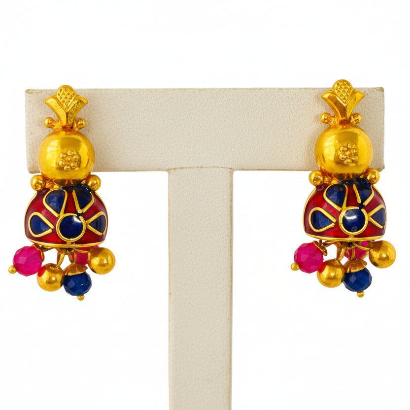 22KT Gold Enamel-Crystal Beaded Jumkha Earrings