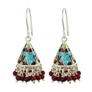 Silver Teal and Yellow Meenakari Cone Jumkha