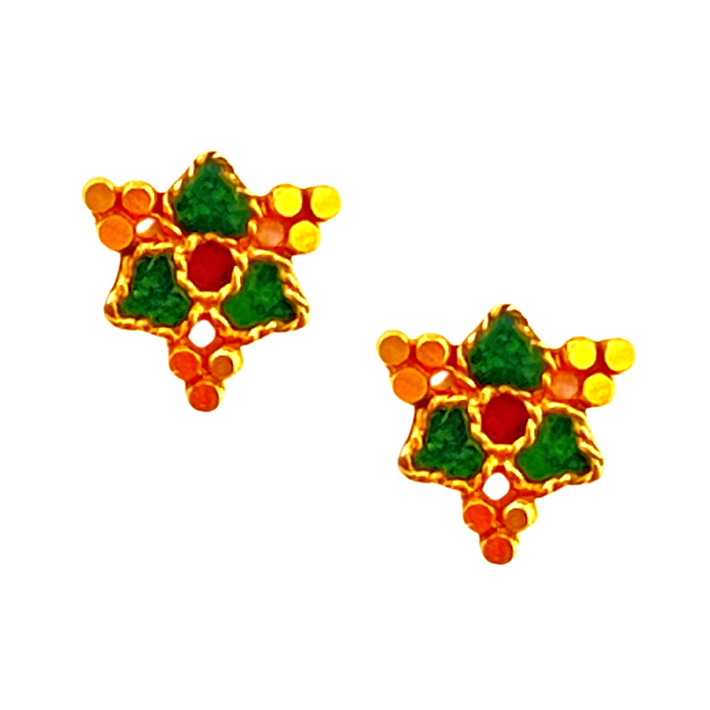 18KT Gold Tri Dot & Leaf Triangular Pattern Stud Earrings