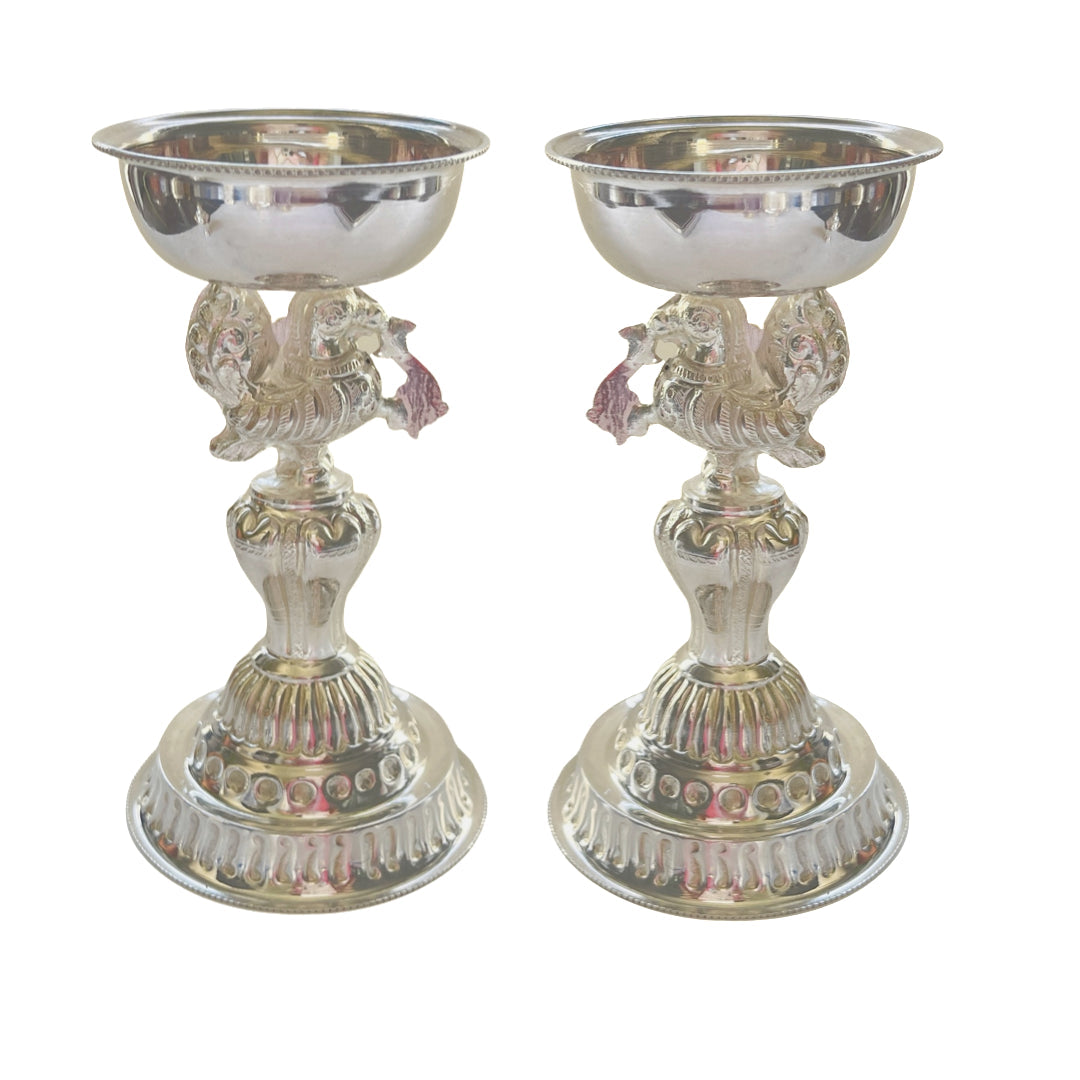 Silver Annapakshi deepamm silver diya with peacockm Silver peacock deepa