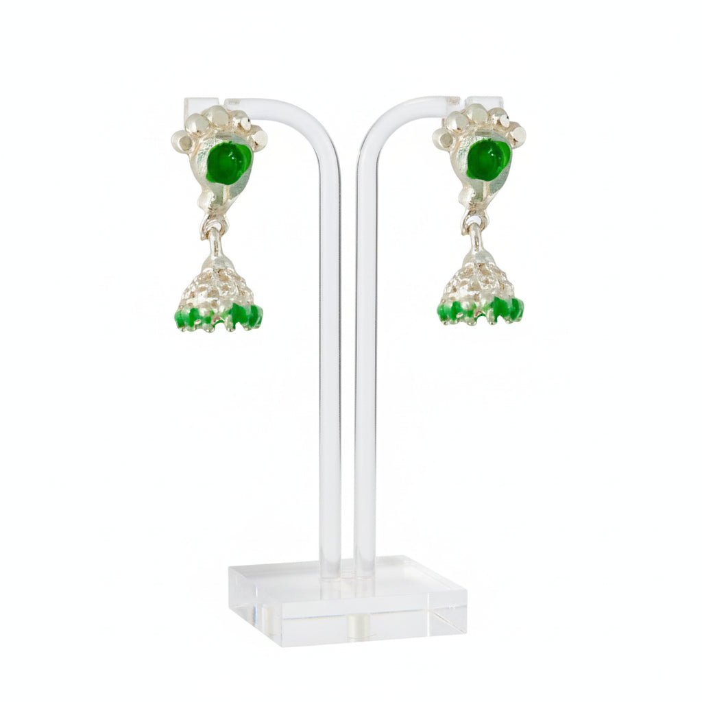 Silver Screw Back Tiny Jumkha Earrings - Green