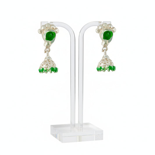 Silver Screw Back Tiny Jumkha Earrings - Green