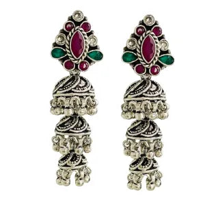 Silver Oval Three Tier Kundan Jumkha Earrings