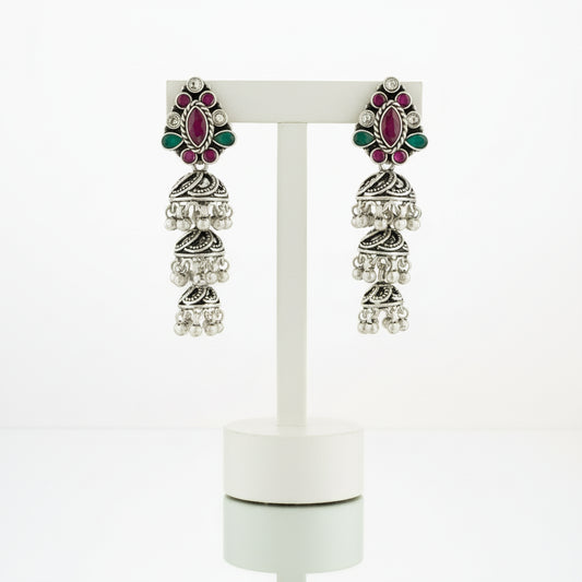 925 Silver Oval Three Tier Kundan Jumkha Earrings