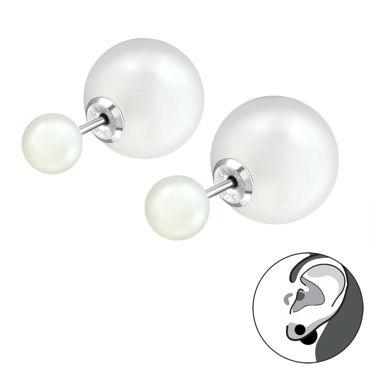 Silver Round Pearl Double Stud Earrings