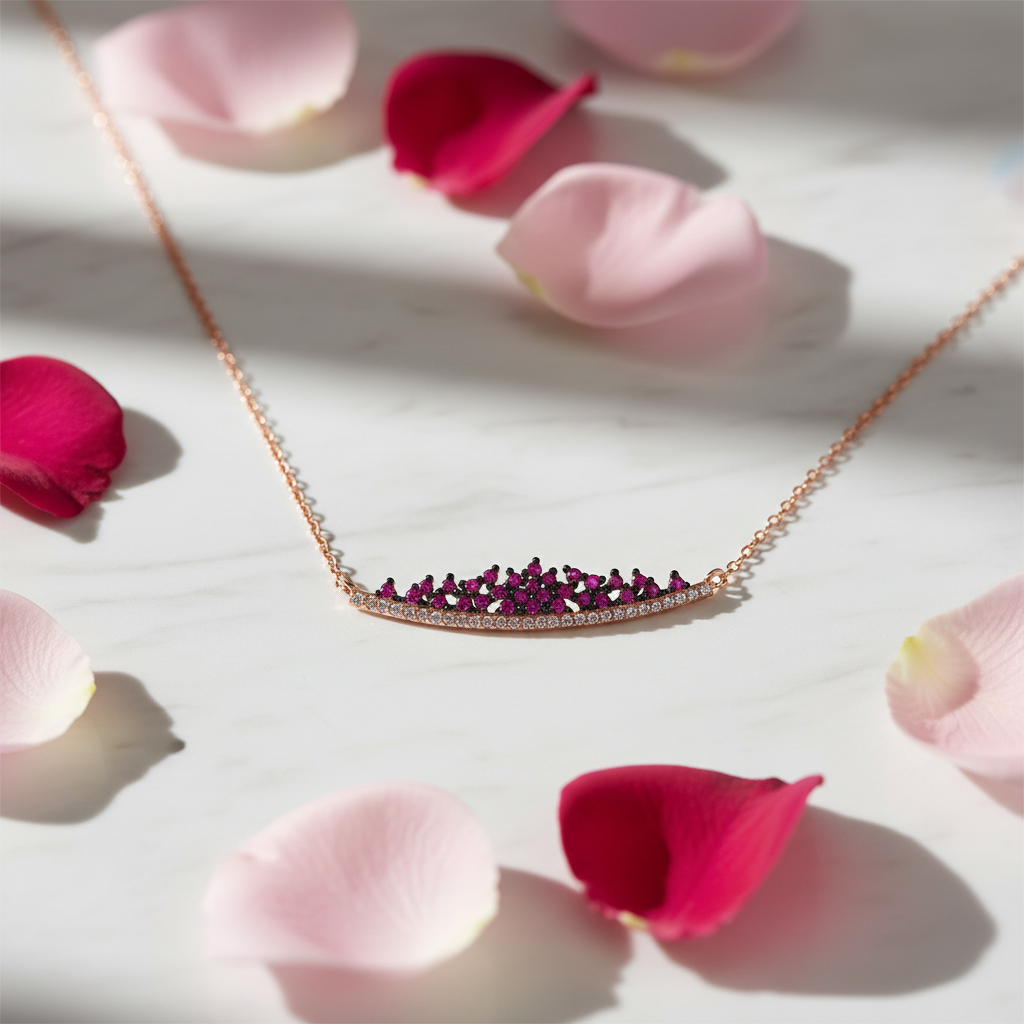 Rose Gold Plated Ruby & Cubic Zirconia Crown .925 Sterling Silver Pendant Necklace