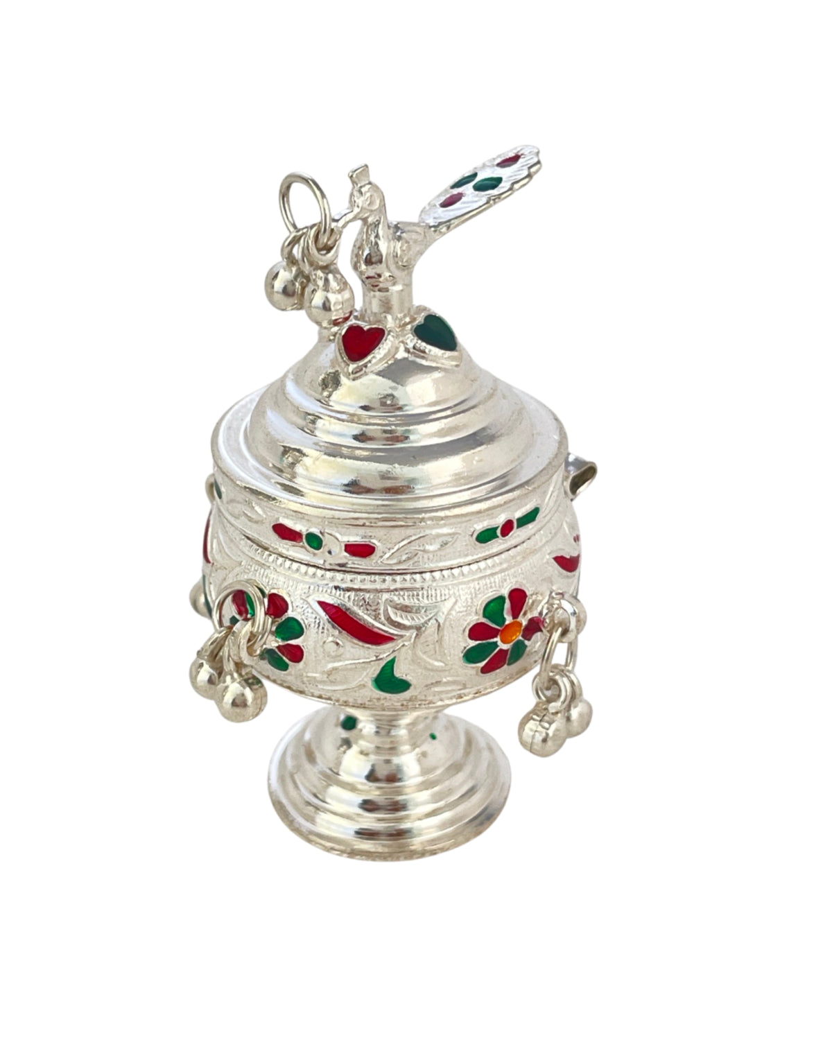 silver beaded peacock kumkum bharanim Silver peacock kumkum box